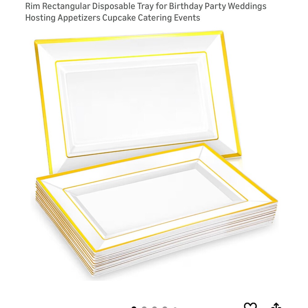 24 PCS Plastic Party Serving Trays and Platters White Gold Rim Rectangular 8x12